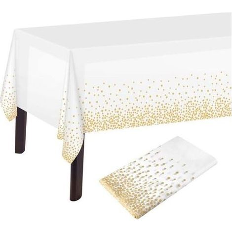 Nappe rectangulaire blanche et dorée 137 x 274 cm – Plastique PEVA imperméable – Pour fêtes et anniversaires à thème blanc et or (1/5)