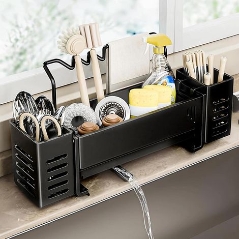 Organisateur d'évier Cuisine Acier Inoxydable avec Bac de Vidange Rangement Evier Etroit Porte Serviettes Amovible pour et Salle Bain Eponge Egouttoir Noir -'Parent'-'-