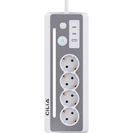 Multiprise coudée à 90° CILIA avec 4 prises Schuko, 2 ports USB-C et 1 port USB, protection contre les surtensions, témoin lumineux LED, interrupteur marche/arrêt, 3 680 W, 16 A, câble de 1,5 m, idéal (1/4)