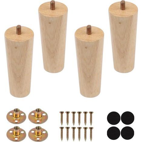 4 PCS Pieds de Meuble en Bois Massif,12 cm Pieds en Bois pour Canapé,Pieds Meubles Bois Rechange,Pieds Meubles Coniques avec Plaque de Montage Vis M8,Patins Antidérapants pourTable à Manger,Armoire (1/5)