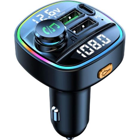Trasmettitore FM Bluetooth per auto - Chiamate in vivavoce, doppio display, ricarica rapida QC3.0 e USB-C PD da 20 W, adattatore Bluetooth per autoradio con retroilluminazione LED a 7 colori, compatib (1/4)
