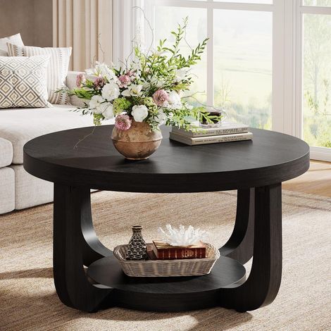 Tribesigns Table basse ronde à deux étages avec plateau de rangement, table d'appoint moderne en bois pour le salon, plateau épais et cadre, noir (1/5)