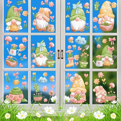 Stickers Fenetre Printemps Autocollant Fenetre 86 Pcs Gnome Fleur Papillon Electrostatique Réutilisable Impression Recto Verso Décorations de Fenêtre Porte Miroir pour Maison Boutique (1/5)