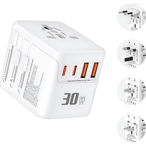 Universal-Reiseadapter – Universal-Steckeradapter mit PD30W, 2 USB-, Typ-C- und 1 AC-Steckdose für Deutschland, USA, England, Italien, Australien