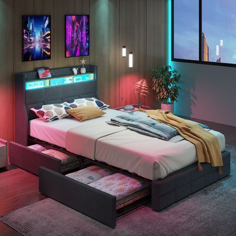 Lit 90x200 cm en lin gris avec 2 tiroirs, lit coffre avec éclairage LED et ports USB, lit moderne avec rangement, facile à monter, gris foncé-sans matelas (1/4)