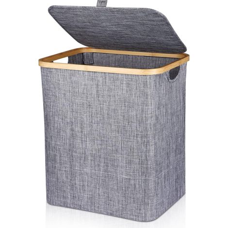 Cesto de ropa sucia plegable de 60 l, de bambú, con tapa y asa, rectangular, 40 x 33 x 45 cm, gris oscuro.