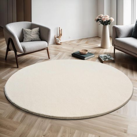Tapis Moderne Moelleux à Poils Courts, antidérapant, Lavable Jusqu’à 30°C, Super Doux, Aspect Fourrure, pour Salon et Chambre, décoratif, Créme, 160 cm Rond (1/2)