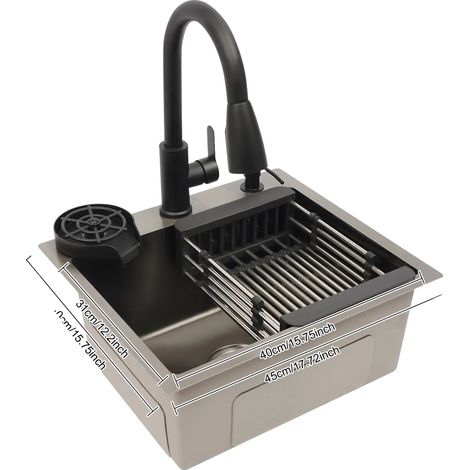 Lavello da cucina, lavello di servizio a vasca singola, rubinetto estraibile con scarico, Grey-Arme (Lavello) (1/2)