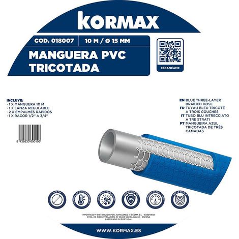 KORMAX manguera azul tricotada 15 mm + accesorios , Kit Manguera de Riego Azul Tricotada 3 Capas 15 mm Kormax.
- Kit completo de manguera de riego azul tricotada de tres capas, fab (1/2)