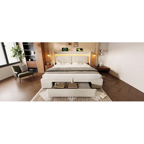Lit rembourré beige 180x200 cm en lin avec rangement hydraulique et tête de lit LED avec ports USB et USB-C pour chambre et studio (1/5)