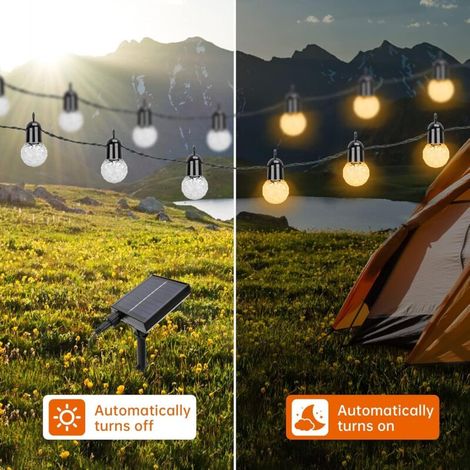 Luci a stringa solari per esterni, 15 m, 25 LED, 8 modalità, attacco G40, ideali per giardino, alberi, cortile, patio, feste, sale, matrimoni, luce bianca calda. (1/4)