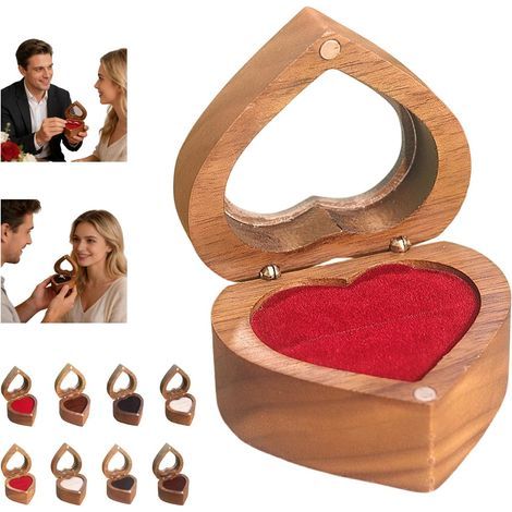 Caja individual para anillos de nogal, ideal para propuestas, compromisos, bodas y aniversarios de boda, con un soporte magnético de madera de estilo retro, forro interior suave y aterciopelado, y una (1/5)