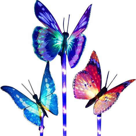 Éclairage solaire de jardin - Lot de 3 piquets solaires à fixer au sol, éclairage LED multicolore, guirlande lumineuse décorative en forme de papillon avec fibre optique, piquets solaires pour la déco