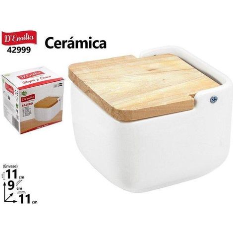 salero para cocina ceramica blanca con tapa madera natural 11x9x11 cms demilia