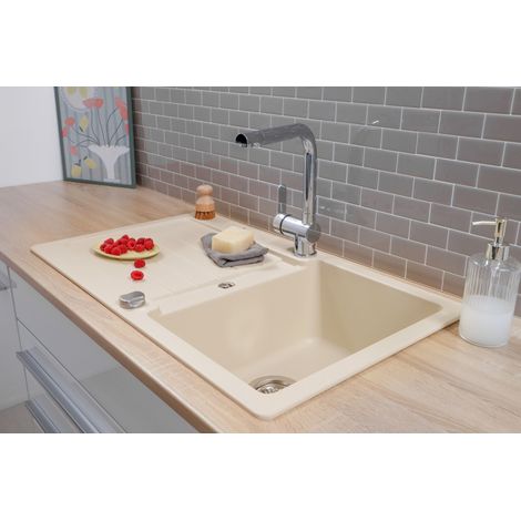 Küchenspüle Einbauspüle Spülbecken Granit 86 x 50 Vanille Creme Respekta Austin (1/5)