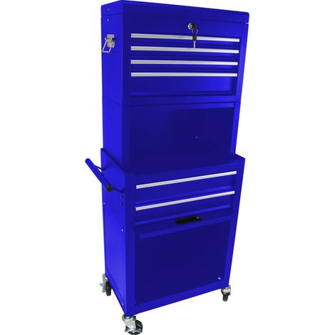 Werkzeugschrank mit 6 Schubladen, Schloss, blauem Stahl und 4 Rollen, zerlegbares 2-in-1-System (1/5)