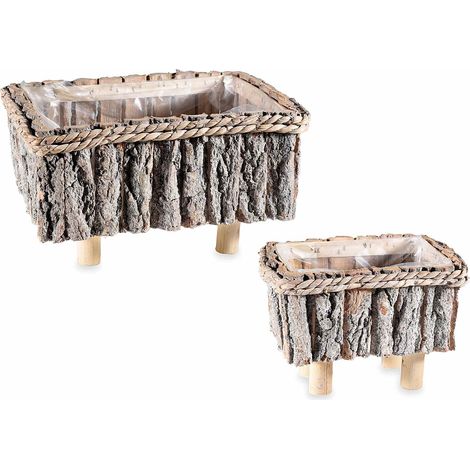 Vasi / cestini in legno / corteccia rettangolari con piedini e rivestimento interno in set da due pezzi, set da 2 pezzi, Grande: cm 31 x 23 x 17 H