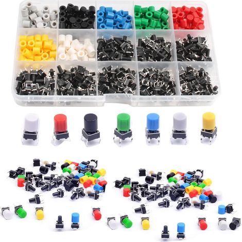375 Pièce Interrupteurs à bouton-poussoir tactiles,Boutons poussoirs tactiles Micro à 4 broches,bouton-poussoir momentanés(6mmx6mm) avec 7 types Couleur Push Button Capuchons (1/5)