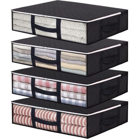 Lot de 4 sacs de rangement pliables de 40 l avec fenêtre transparente et poignées renforcées, organiseur à fermeture éclair pour couettes, couvertures, literie, noir (1/5)