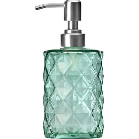 Distributeur de savon en verre vert 350 ml avec pompe en acier inoxydable, bouteille liquide rechargeable pour savon pour les mains, lotion, gel douche, distributeur de liquide vaisselle moderne (1/5)