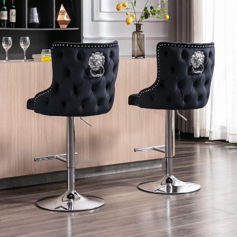 Barhocker 2er Set, höhenverstellbar, Samt, mit Löwenkopf-Ring, schwarz (1/5)