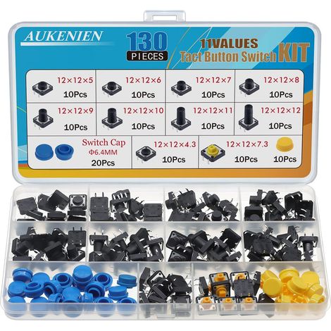130 Pièce 12MM x 12MM Bouton Poussoir Electronique Interrupteurs Tactiles Momentanés 4 broches Kit d'assortiment avec Push Button Capuchons (1/5)