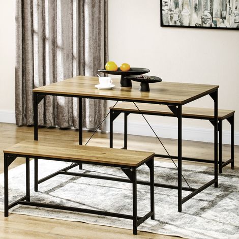 Essgruppe mit Tisch und 2 Bänken, Stahlgestell für 4 Personen, geeignet für Küche, Esszimmer oder Wohnzimmer, naturfarben und schwarz lackiert