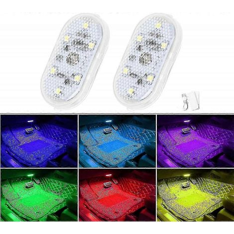 Lot de 2 éclairages LED intérieurs pour voiture, 7 couleurs, avec 6 LED lumineuses, rechargeables par USB. (1/5)