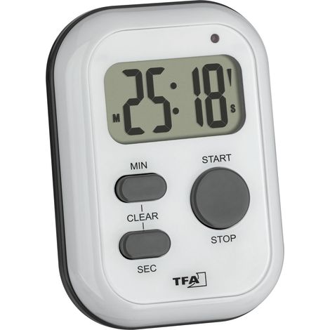 TFA Dostmann 38.2053.02 - Temporizador Digital con cronómetro y Alarma (Alto), vibración, luz Intermitente, Temporizador de Cocina, Temporizador para Deportes o exámenes o sordos, Color Blanco