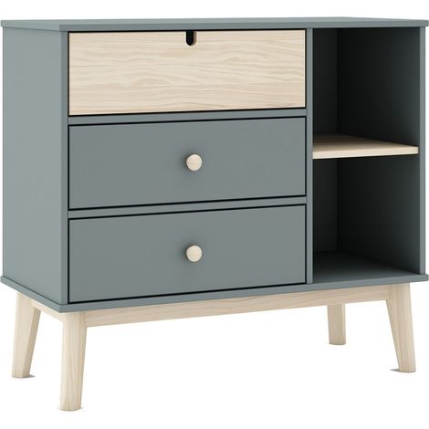 KAINA - Commode 3 Tiroirs 2 Niches MDF et Pin Coloris Gris Vert et Naturel (1/5)