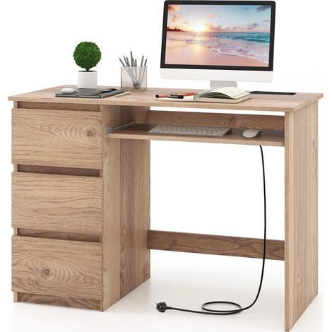 Computer Desk with 3 Large Drawers & Power Outlet Home Office Study Writing Desk