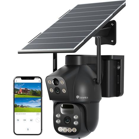 Ctronics Caméra Surveillance 4G LTE Solaire Extérieure Double Lentille sans WiFi, Batterie 15600mAh, Panneau 8W, Carte SIM Incluse, Vision Nocturne Couleur, PIR, IP66 (1/5)