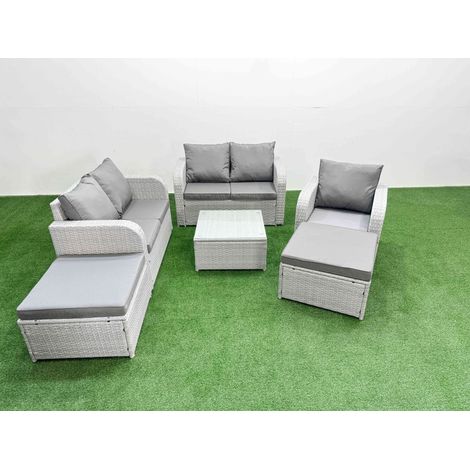 Fimous High Back Poly Rattan Garden Furniture Set with Reclining Chair Loveseat Sofa Square Coffee Table Indoor Outdoor Patio Set 2 Big Stool Light Grey (1/4)