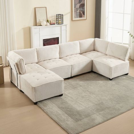 Canapé 6 places 308 cm en velours côtelé beige modulable ulconvertible avec rangement structure bois métal (1/5)