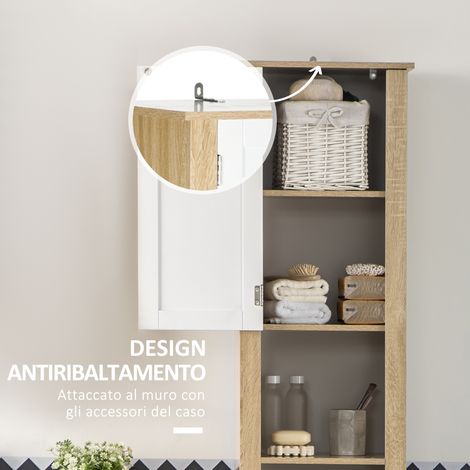Meuble haut salle de bain en panneau de particules, 1 tiroir, 2 armoires et 2 étagères ouvertes ajustables, 37x30x184 cm (1/5)