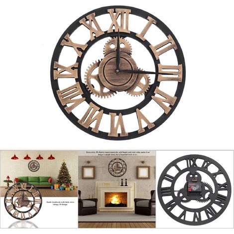 Horloge murale rustique 3D artisanale en bois, engrenage, style vintage, 80 cm, couleur or, idéale pour salon, bureau ou bar. (1/4)