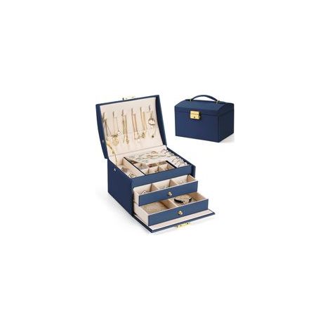Boite a Bijoux Femme Fille, Boîte à Bijoux Coffret à Bijoux Rangement Bijoux Organisateur pour Bagues Bracelets Boucles d'oreilles Montres Lunettes Cadeaux de Noël Bleu Marine 17x14x13cm BOX03