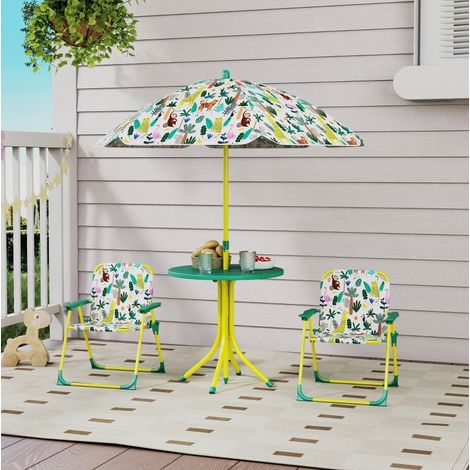 Salon de jardin enfant 4 pièces vert – table ronde, parasol amovible, 2 chaises (1/5)