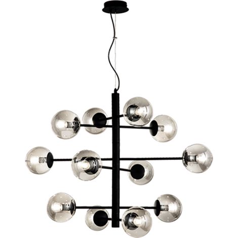 Lampada a sospensione ELISEO 97 cm a 12 Luci in metallo Nero e vetro soffiato Fume' (1/2)