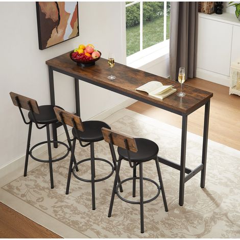 Ensemble table de bar 160 cm avec 3 tabourets rembourrés PU, style industriel brun rustique noir