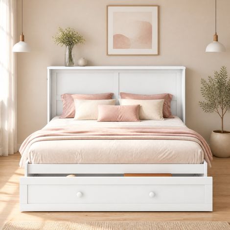 Cama abatible 140x200 con cajón, estantes laterales y diseño armario, estructura de pino y MDF, color blanco, ideal para dormitorios pequeños y ordenados  CHICFURN (1/5)