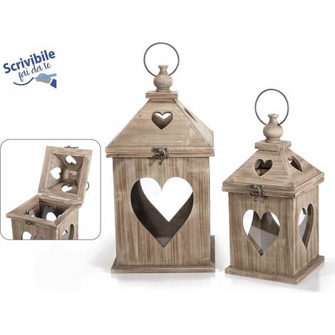 Lanterne portacandela in legno scrivibile fai da te con gancio per appenderle, intagli a forma di cuore e apertura, Grande: cm 20 x 20 x 39,5 H