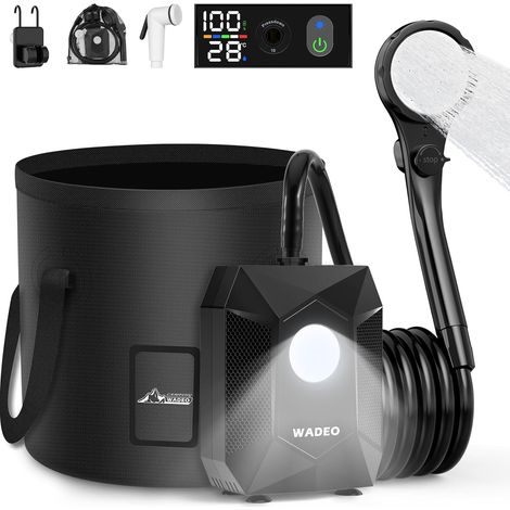 Tragbare Dusche mit 20-Liter-Falteimer für Camping – Wiederaufladbare Duschpumpe (6000 mAh) mit Campinglampe, wasserdicht (IPX8), 5 Druckstufen – Outdoor-Duschpumpe für Wandern und Reisen