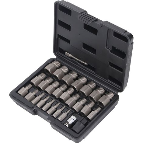 Lot de 26 extracteurs de vis et boulons endommagés acier carnboné haute tencacité 3/8 pouce avec adaptateurs et boîte (1/5)
