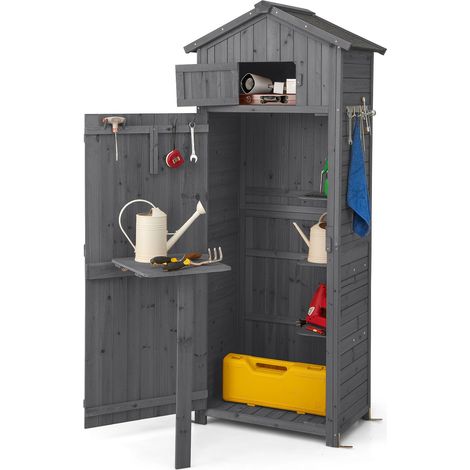 Armoire de jardin en bois - Résistant aux intempéries - Avec porte, étagère et 8 crochets - Avec toit à pignon, abri de jardin pour jardin et terrasse - 70 x 35,5 x 176 cm - Gris (1/5)