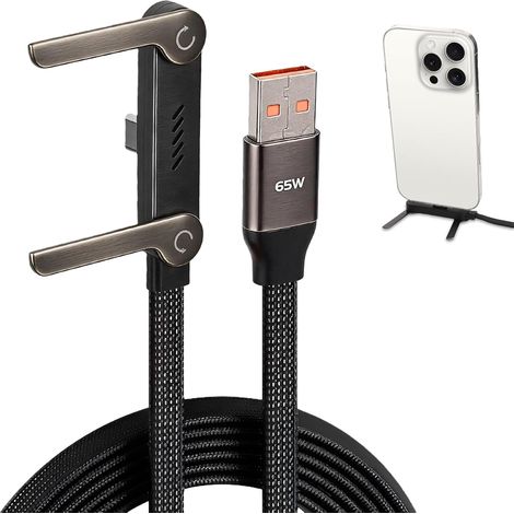 Câble de chargeur 2-en-1 avec Support Latéral Invisible, Câble de Charge Rapide Type-C avec Support Téléphone Intégré, Câble Tressé 1,5 m pour Smartphones et Tablettes (1A-C Gris)