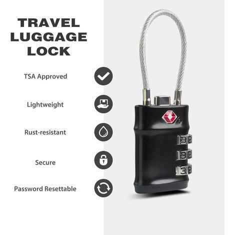 Lucchetto per bagagli TSA, lucchetto a combinazione a 3 cifre, confezione da 2 lucchetti con cavo approvati TSA con codice per armadietto palestra, lucchetto con cerniera per zaino (nero + nero) (1/4)