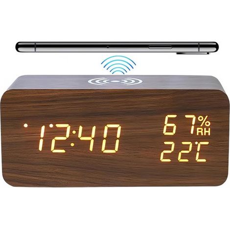 Réveil numérique avec radio, charge sans fil, affichage LED, température et humidité, activation sonore, 3 alarmes, design rétro, marron foncé (1/5)