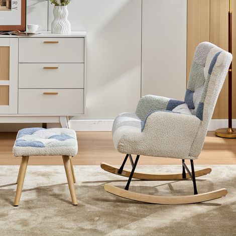 Fauteuil à bascule avec repose-pieds 122x68x91 cm beige et bleu en tissu avec dossier amovible (1/5)