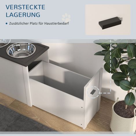 Station de repas surélevée pour chien avec 1 rangement, 2 gamelles en inox, 60 x 30 x 42 cm, blanc et gris (1/5)